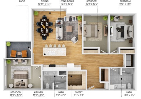 Floor plan for 3 beds, 2 baths, 1433 sqft